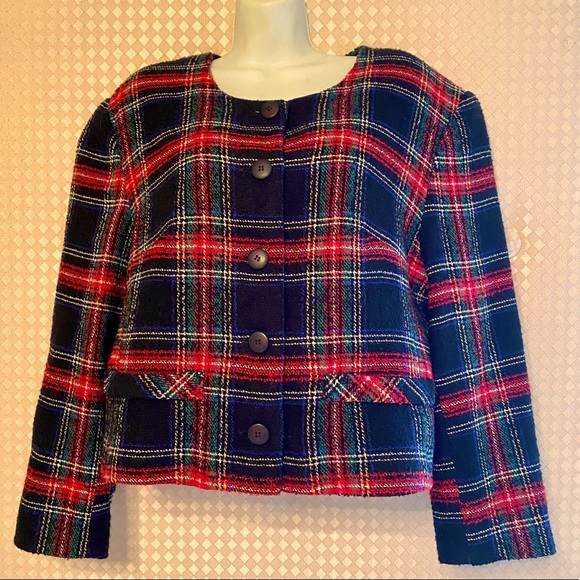 ♥️AUGUST MAX♥️VTG PLAID TWEED CROPPED LINED BLAZER JACKET EUC❣️ - Picture 1 of 6